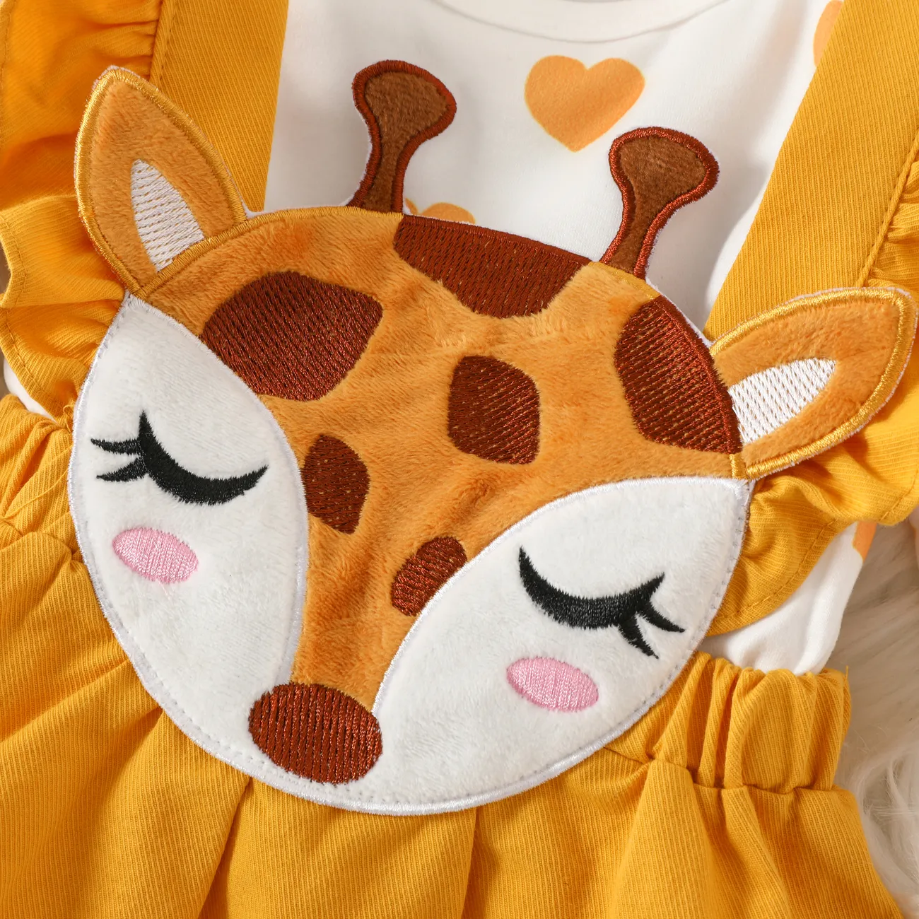 Baby Girl 3pcs Heart-shaped Print Tee and 3D Deer Embroidery Overalls Dress and Headband Set Ginger-2 big image 1