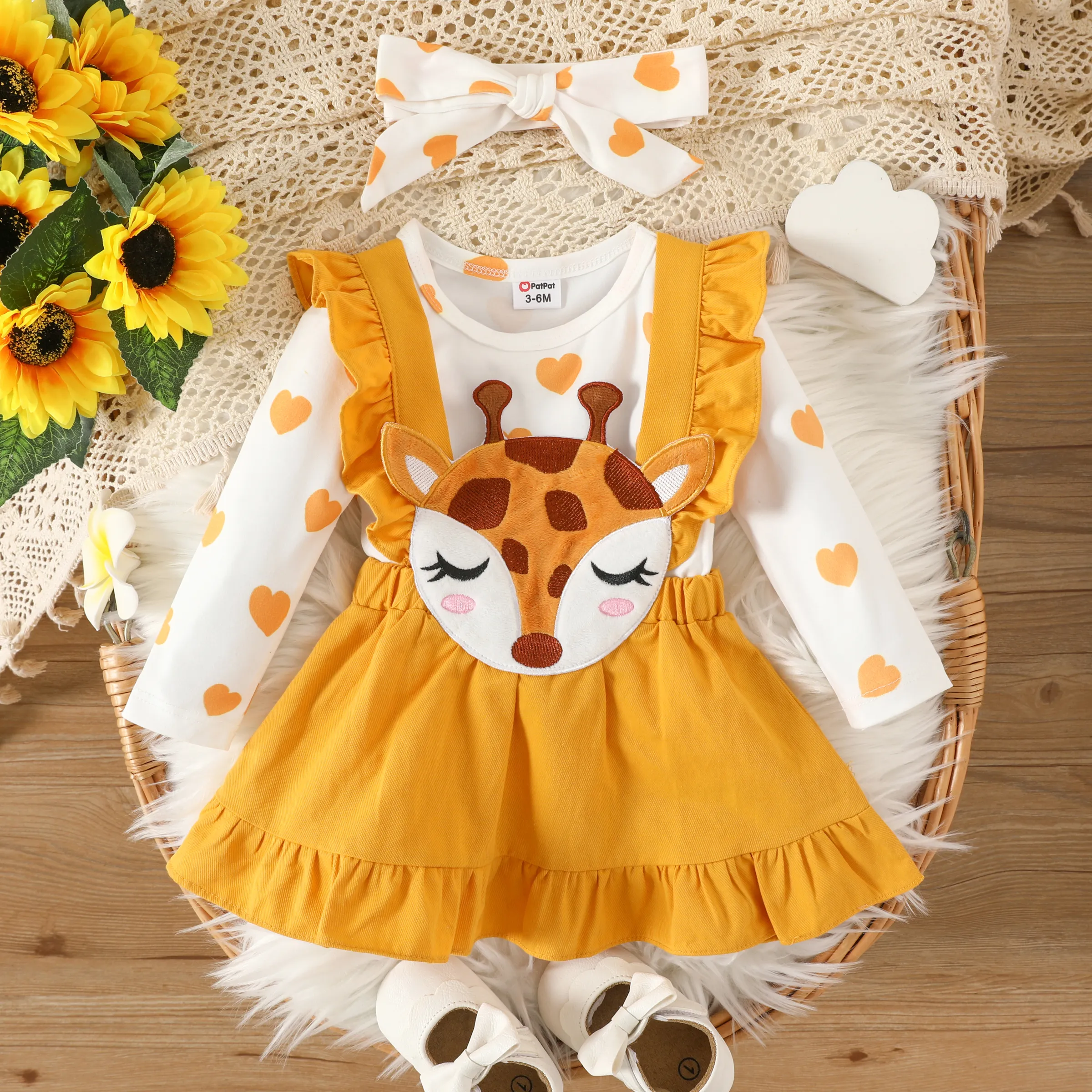 Baby Girl 3pcs Heart-shaped Print Tee and 3D Deer Embroidery Overalls Dress and Headband Set