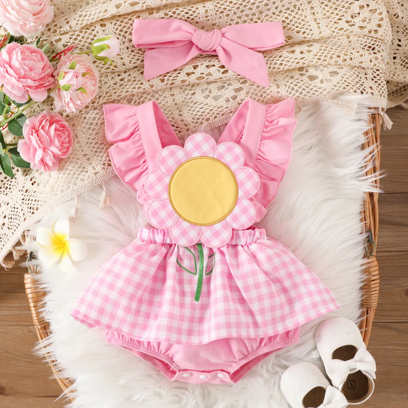 Baby Girl Sunflower Embroidered Plaid Print Romper and Headband Set Pink big image 1