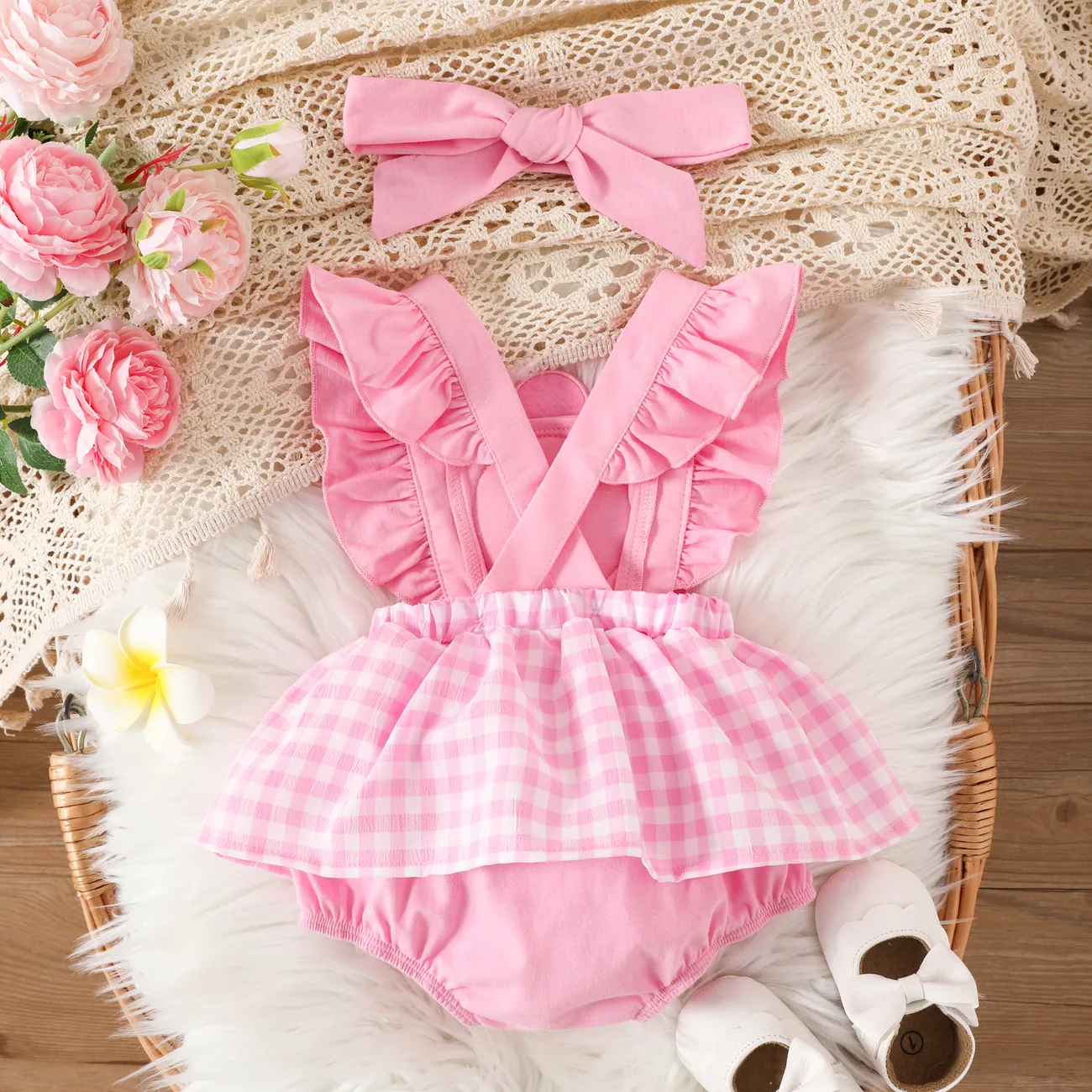 2件 嬰兒 女 荷葉邊 向日葵 甜美 無袖 連身衣 粉色 big image 1