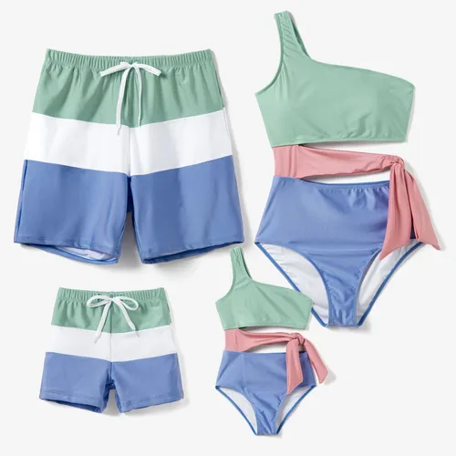 Family Matching Color Block Drawstring Swim Trunks or One Shoulder One-Piece Swimsuit