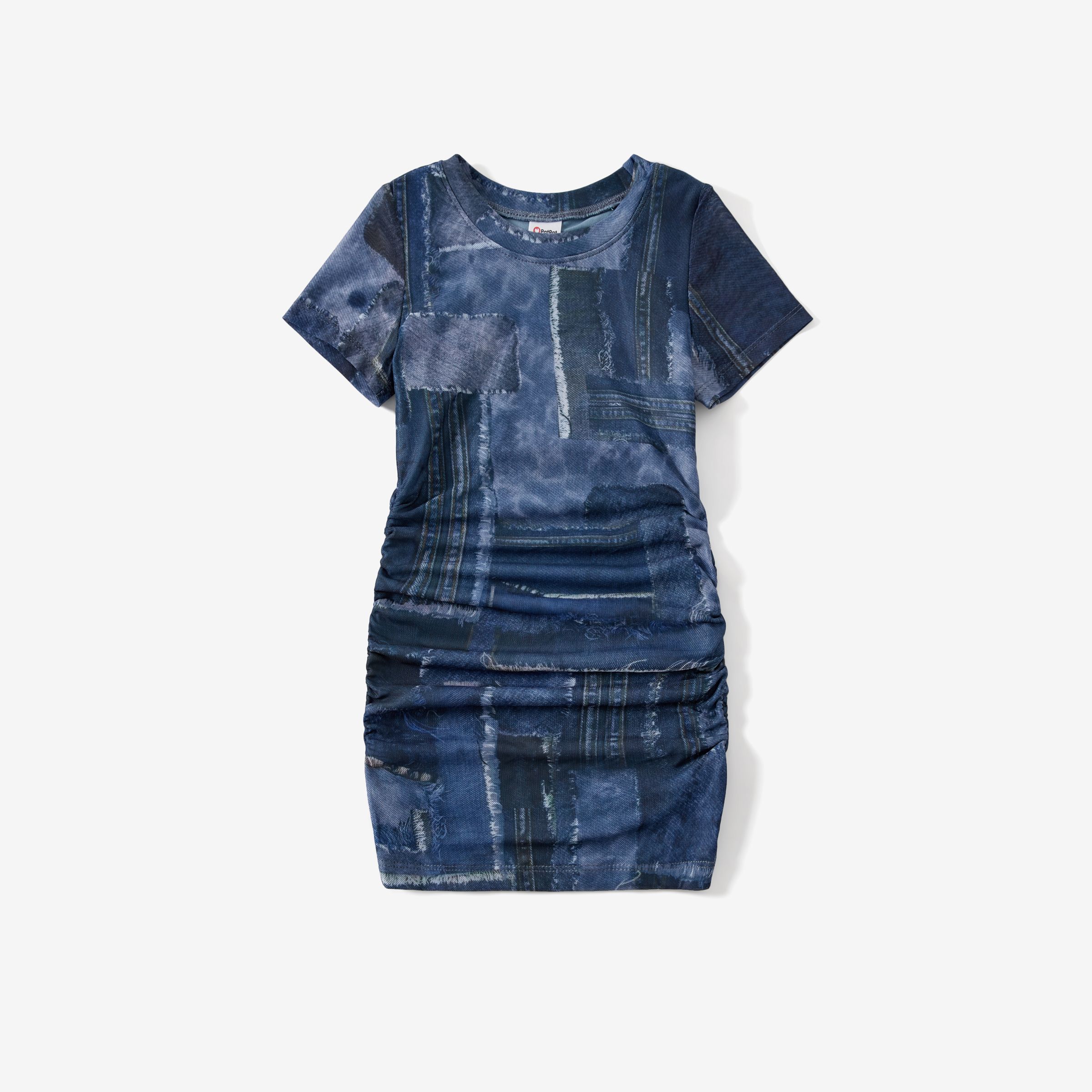 Mommy and Me Denim Patchwork Mesh Printed Ruched Drawstring Dress