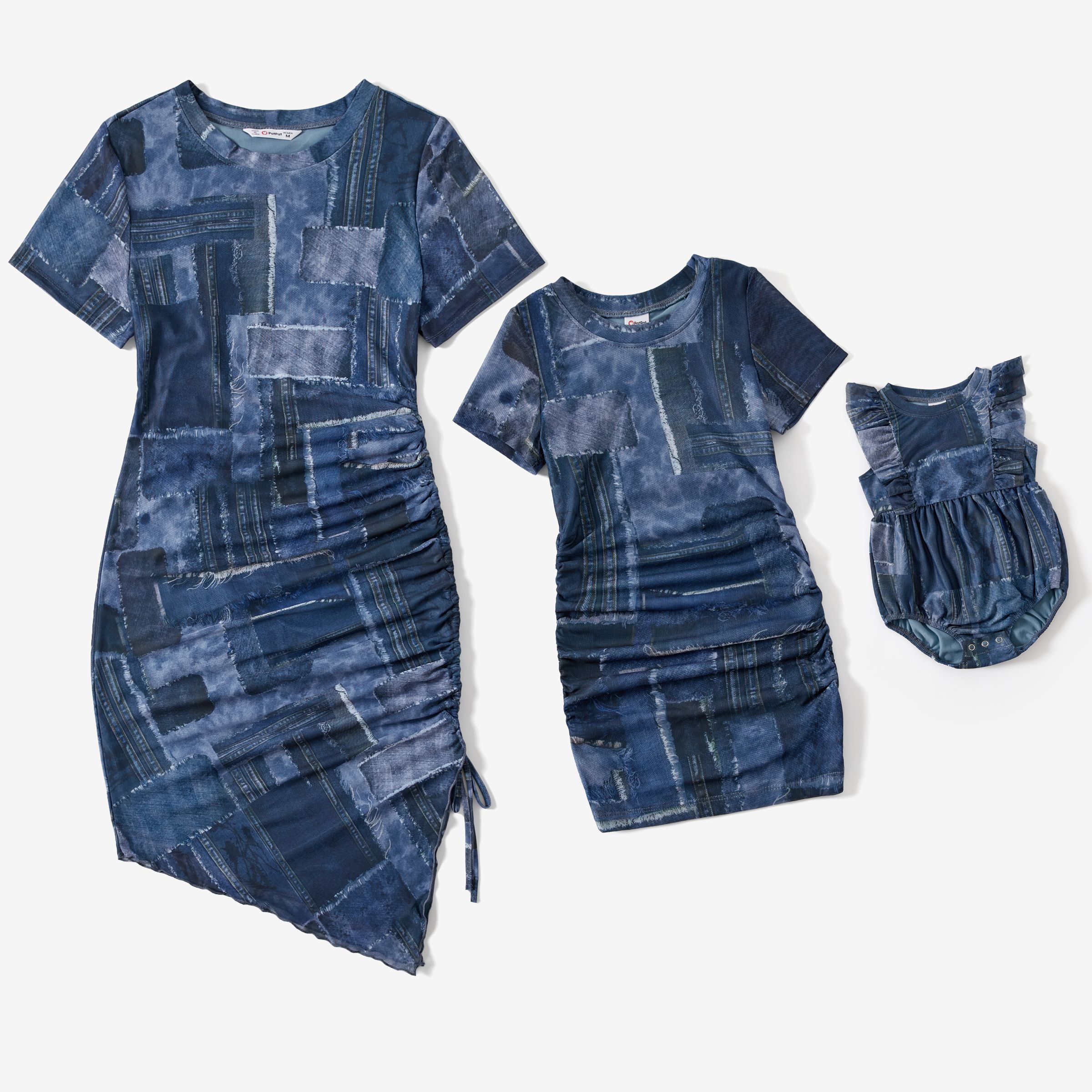 

Mommy and Me Denim Patchwork Mesh Printed Ruched Drawstring Dress