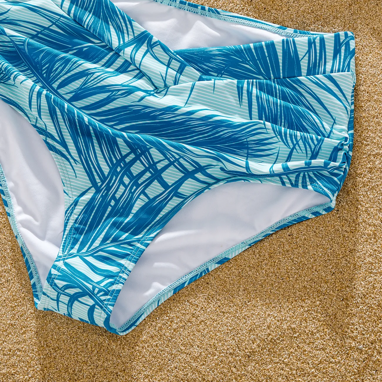 Family Matching Leaf Pattern Drawstring Swim Trunks or One-Shoulder Bikini with Removable Strap Blue big image 1