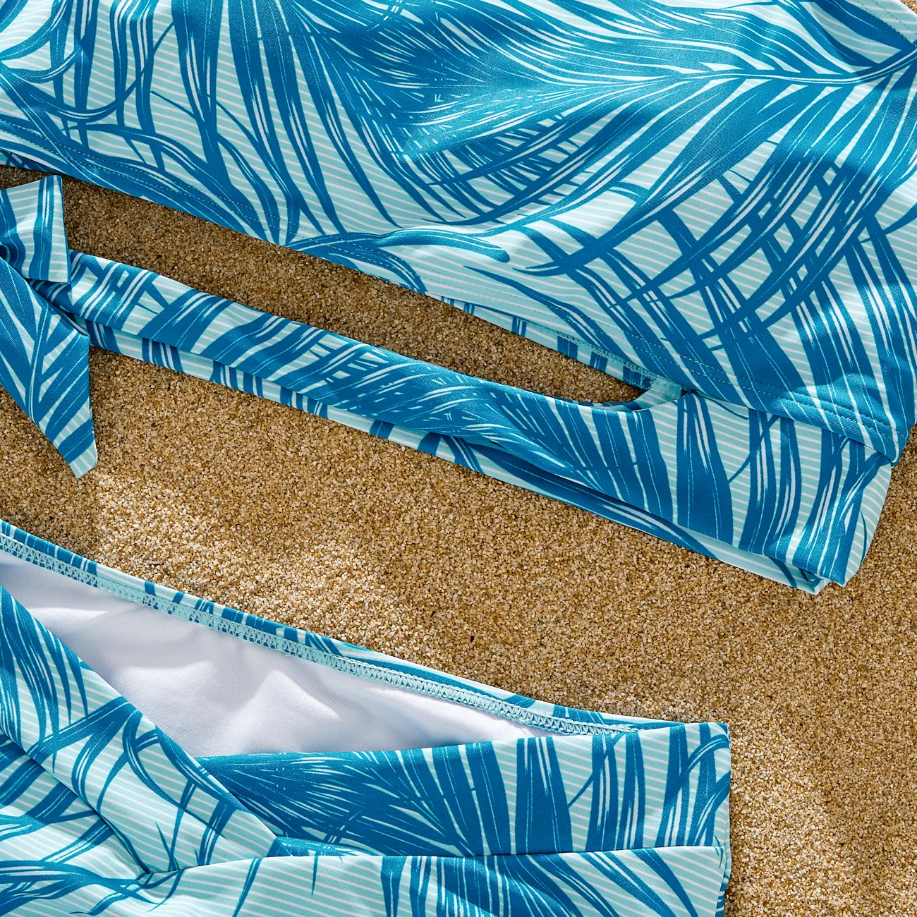 Family Matching Leaf Pattern Drawstring Swim Trunks or One-Shoulder Bikini with Removable Strap Blue big image 1