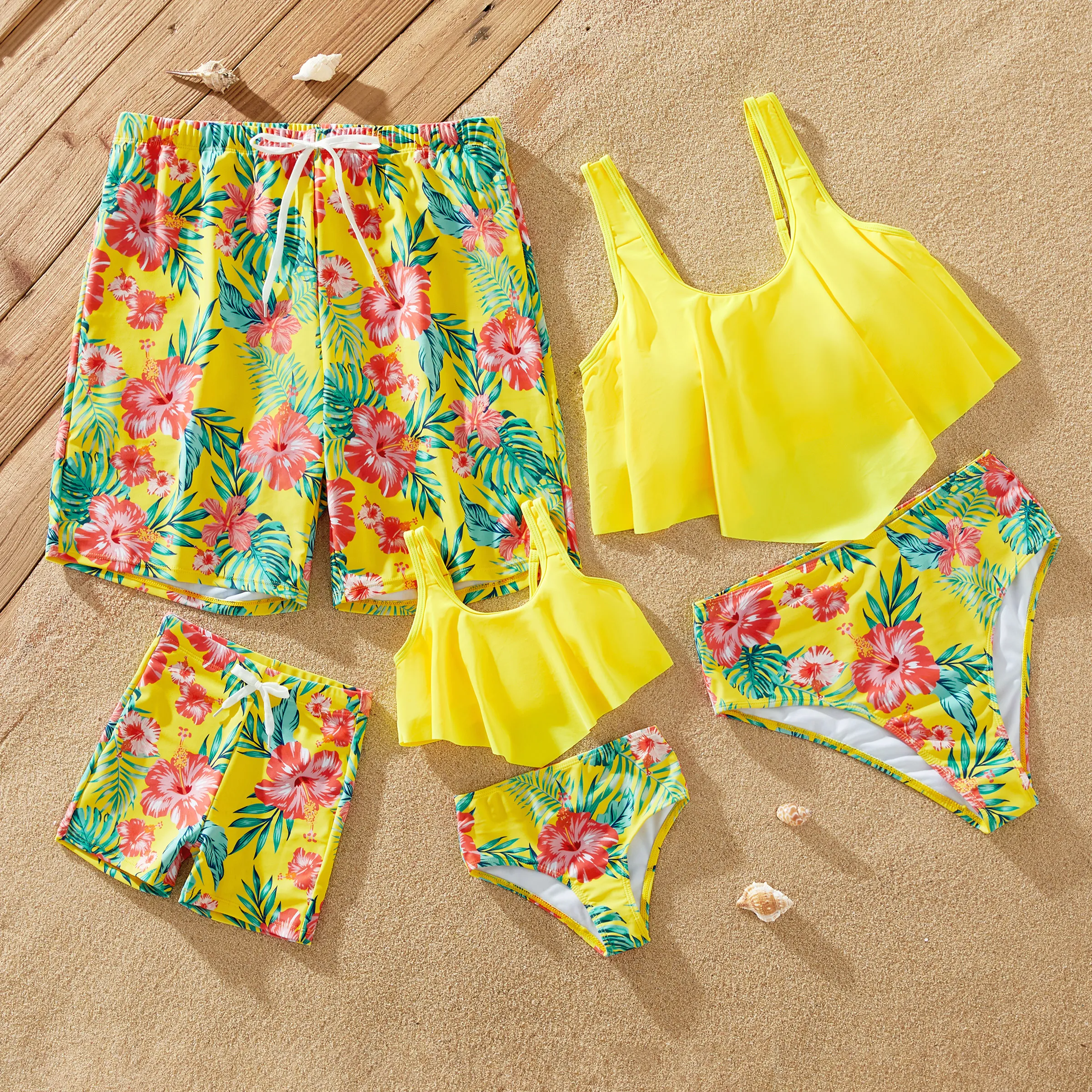 家庭配套黃色熱帶抽繩泳褲或飄逸荷葉邊兩件式泳衣