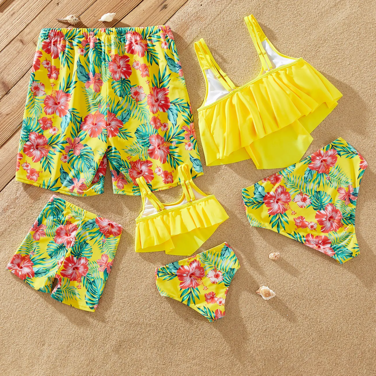 Family Matching Yellow Tropical Drawstring Swim Trunks or Flowy Ruffle Two-Piece Swimsuit Yellow big image 1