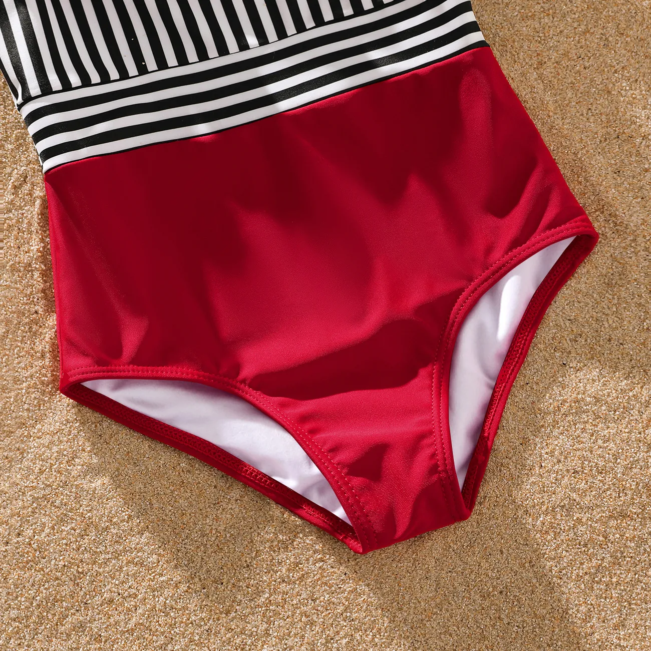 شورت سباحة مقلم مناسب للعائلة وملابس سباحة من قطعة واحدة مكشكشة احمر ابيض big image 1