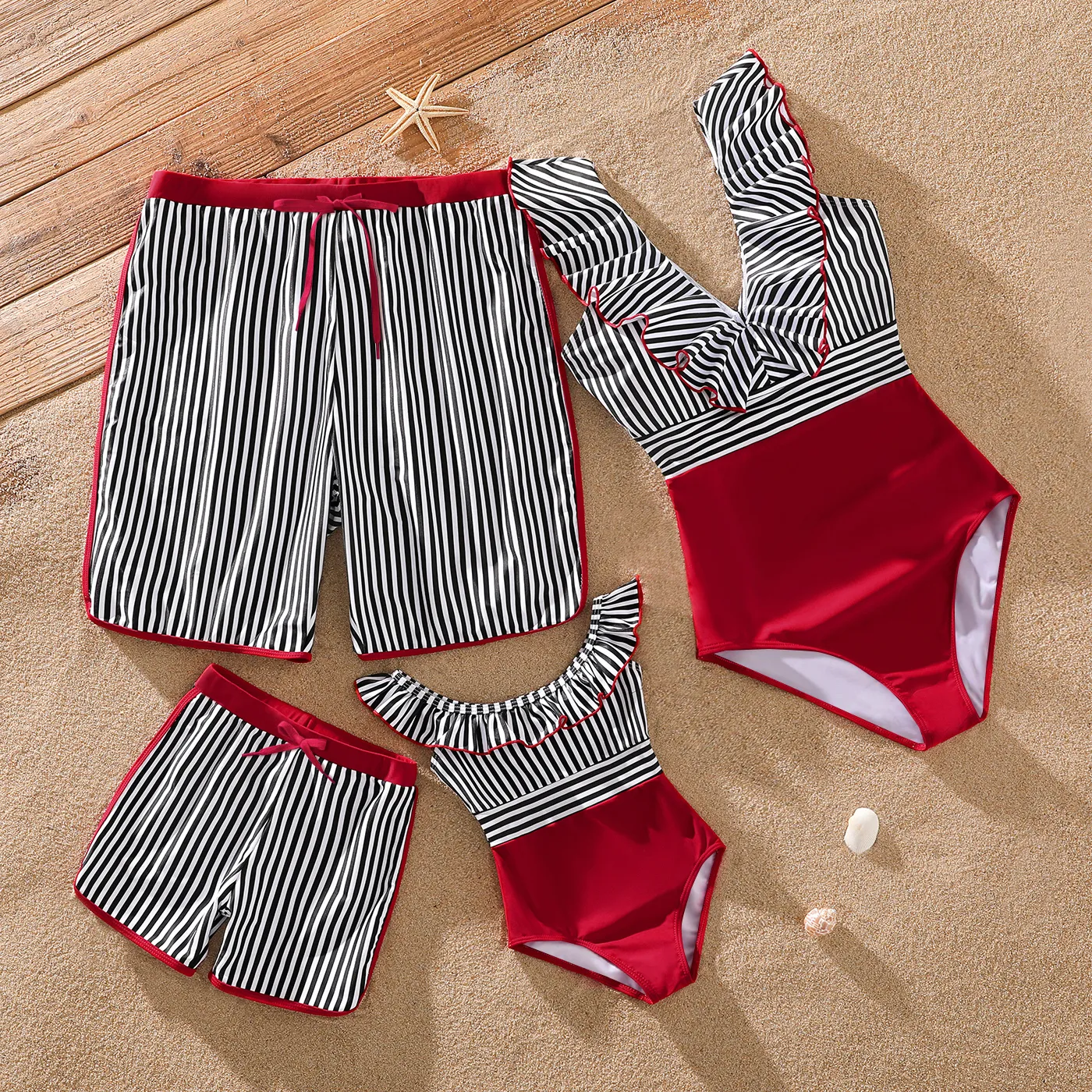 

Family Matching Striped Swim Trunks Shorts and Ruffle Splicing One-Piece Swimsuit