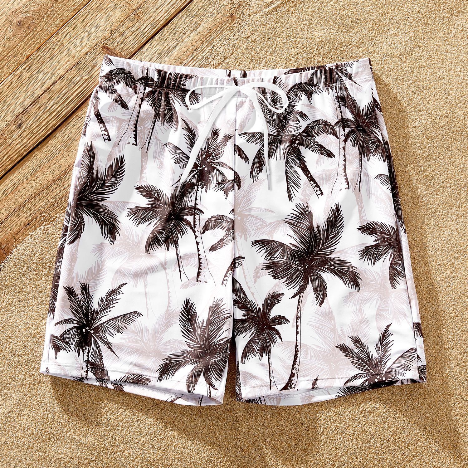 family matching allover coconut tree print spliced ruched two-piece swimsuit or swim trunks