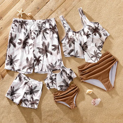 Family Matching Allover Coconut Tree Print Spliced Ruched Two-Piece Swimsuit or Swim Trunks
