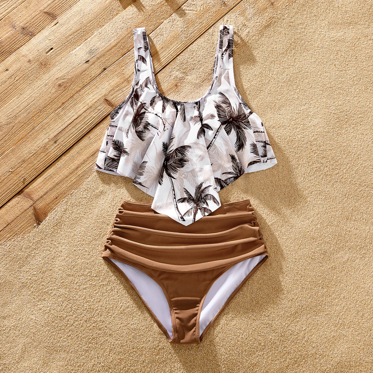 Family Matching Allover Coconut Tree Print Spliced Ruched Two-Piece Swimsuit or Swim Trunks Khaki big image 1