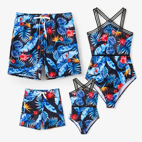 Family Matching Floral Drawstring Swim Trunks or Mesh Cross Strap One-Piece Swimsuit