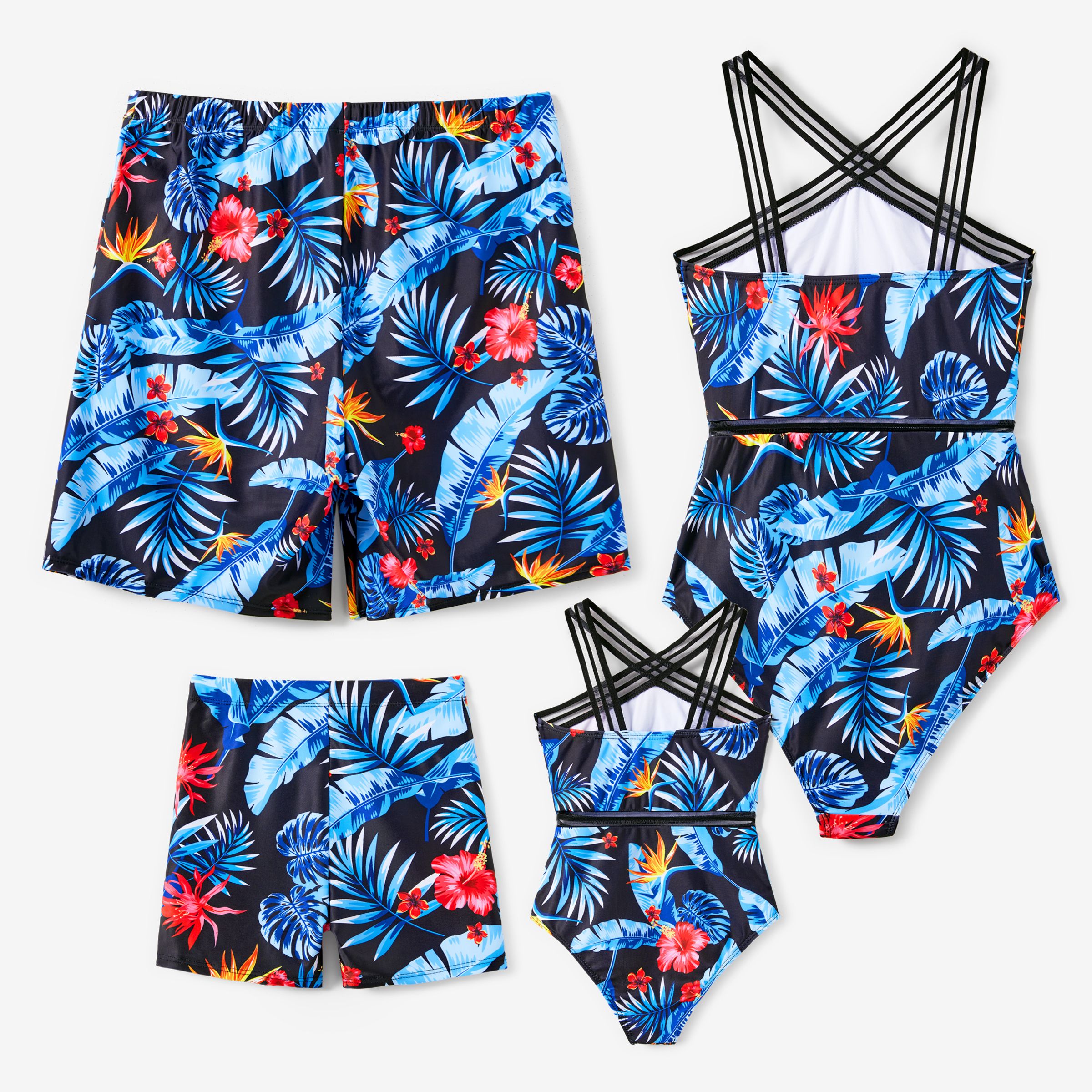 Family Matching Floral Drawstring Swim Trunks or Mesh Cross Strap One-Piece Swimsuit