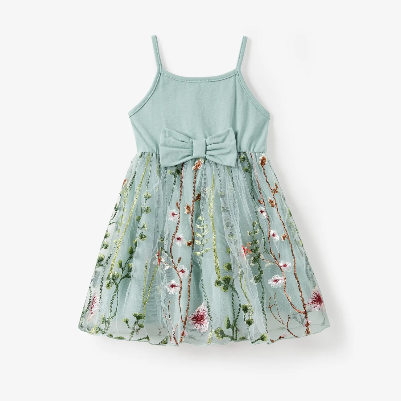 Family Matching Solid Color/ Raglan Sleeves Tee and Cami Embroidered Tulle Strap Dress Sets Pale Green big image 1