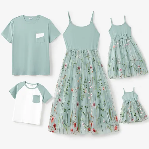 Family Matching Solid Color/ Raglan Sleeves Tee and Cami Embroidered Tulle Strap Dress Sets