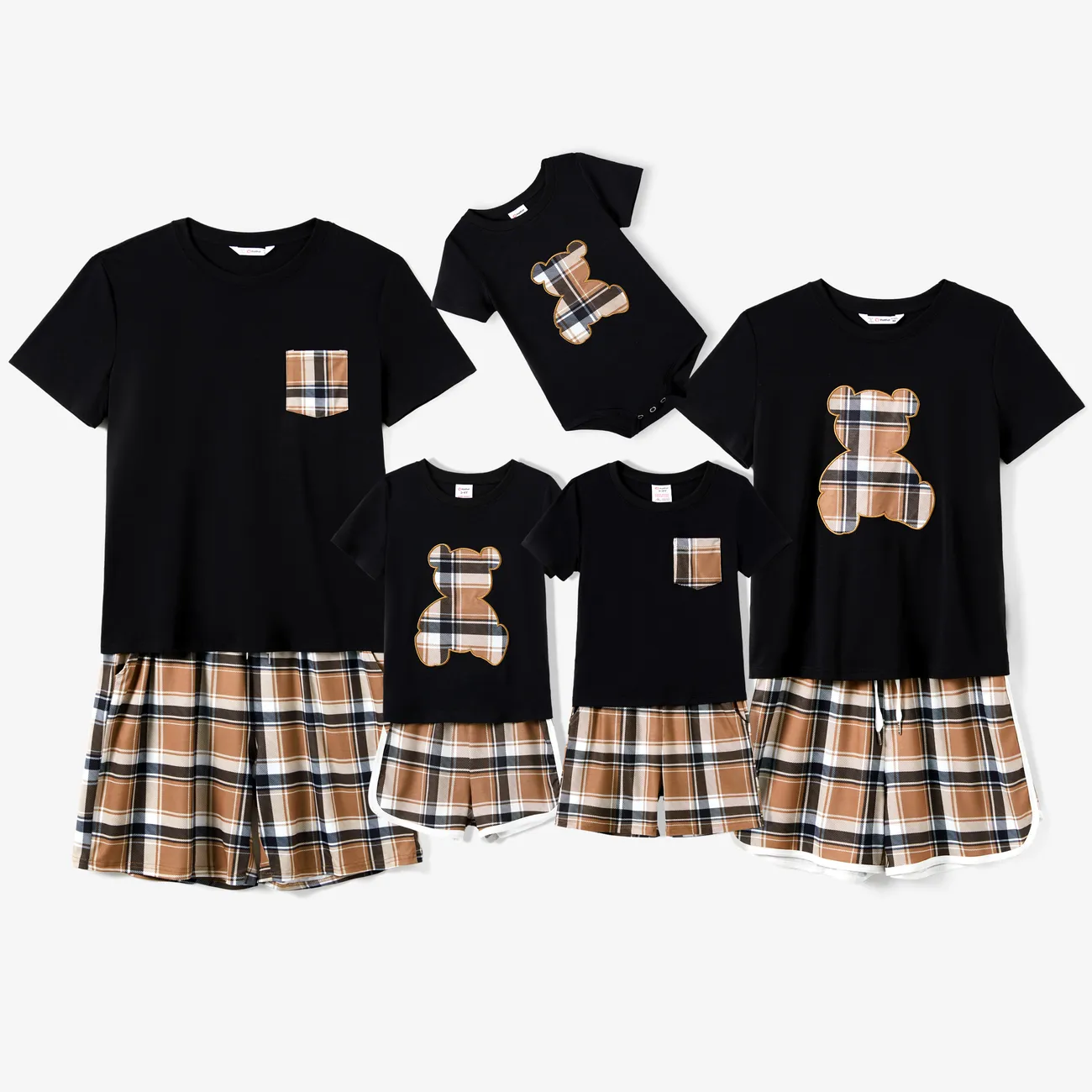 Family Matching Black Bear Top and Plaid Shorts Pajamas Sets (Flame Resistant) MultiColour big image 1