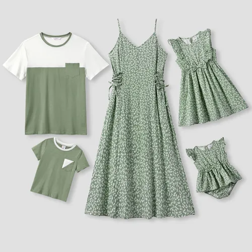 Conjuntos de vestidos con correa lateral de lazo de color con bloques de color a juego para la familia y Ditsy Floral Tie