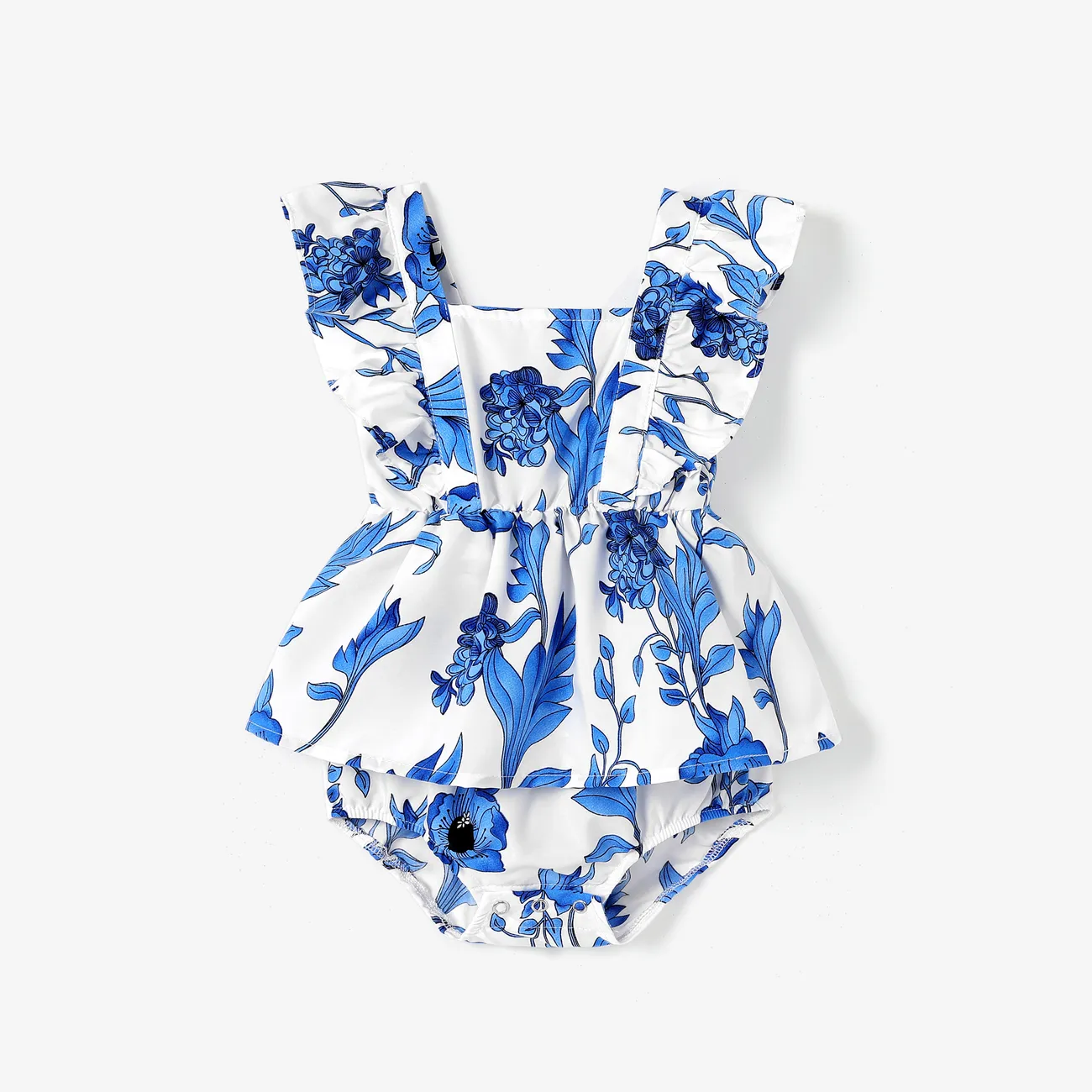 Mommy and Me Blue Floral Shirred Top Ruffle Hem Strap Dress  Blue big image 1