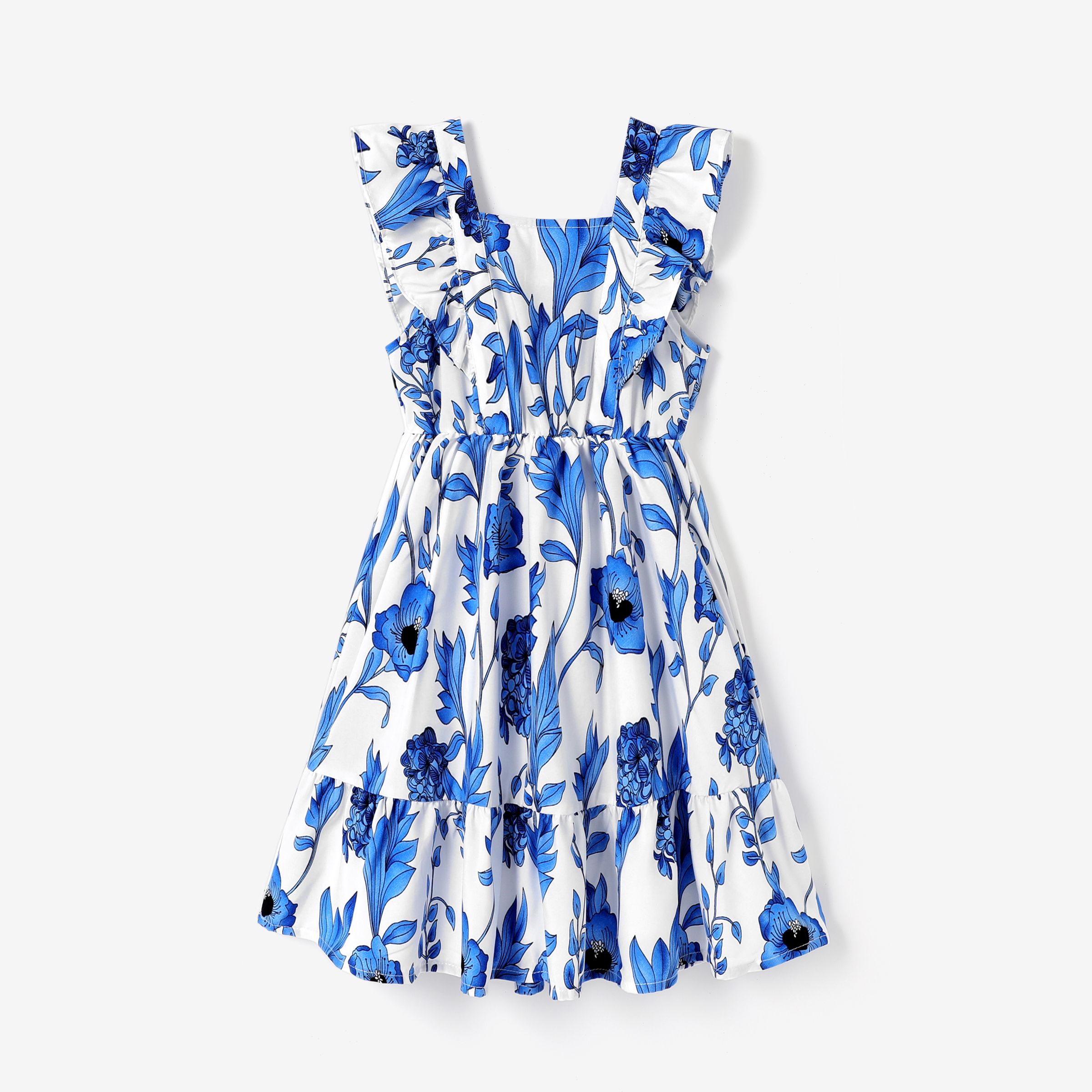 

Mommy and Me Blue Floral Shirred Top Ruffle Hem Strap Dress