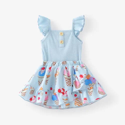 Baby Girl 2pcs Flutter-sleeve Romper and Ice Cream Pattern Skirts Set