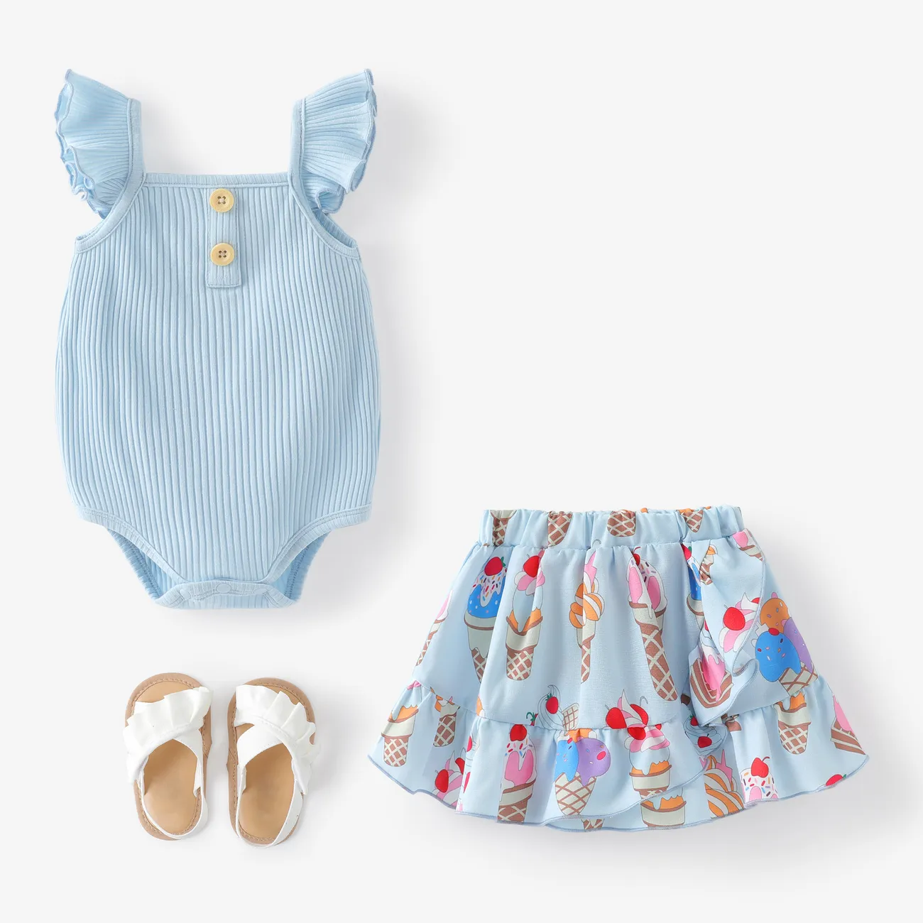 Baby Girl 2pcs Flutter-sleeve Romper and Ice Cream Pattern Skirts Set Light Blue big image 1