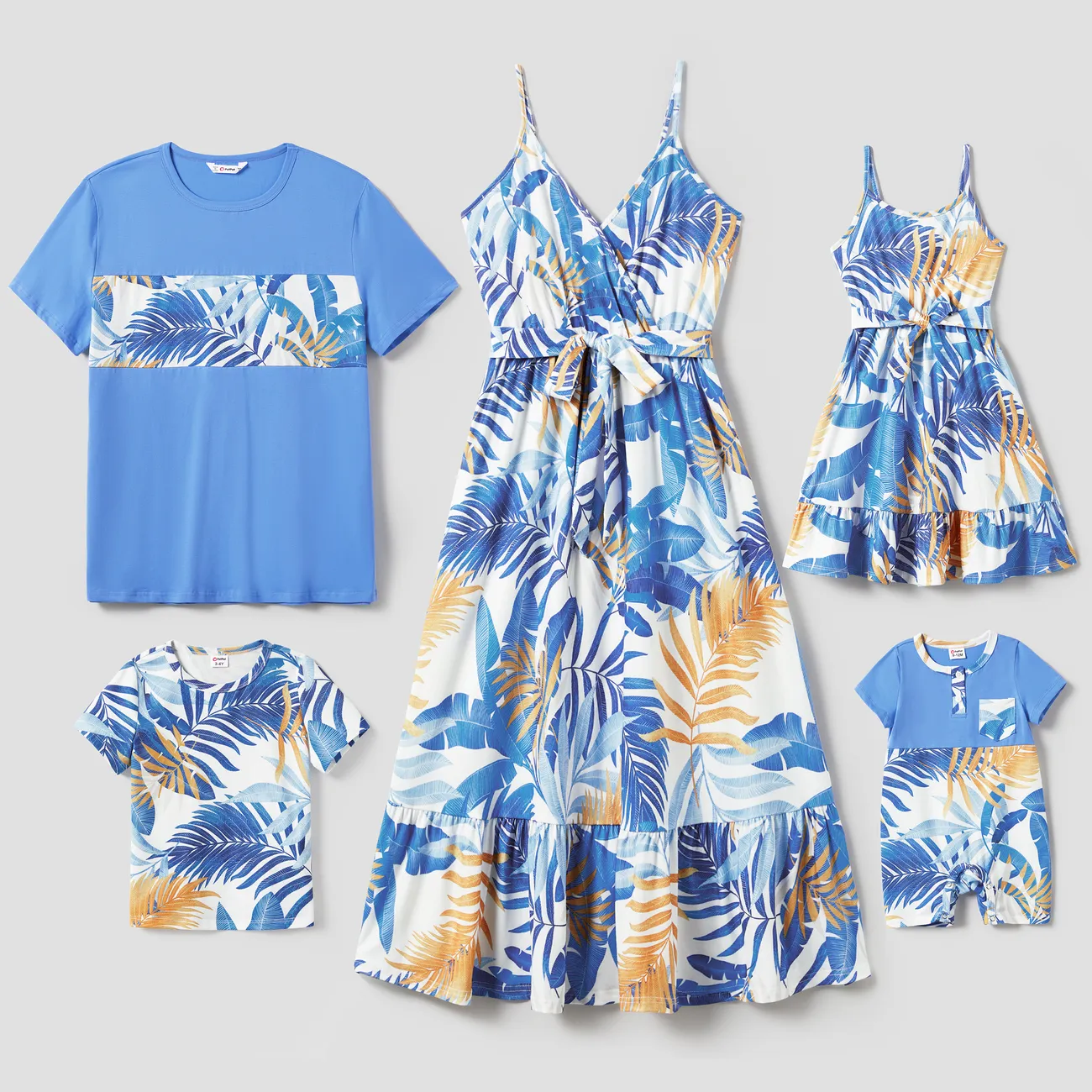 Family Matching Colorblock Tee and Floral Wrap Front Concealed Button Strap Dress Sets Blue big image 1