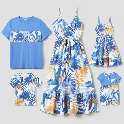 Family Matching Colorblock Tee and Floral Wrap Front Concealed Button Strap Dress Sets