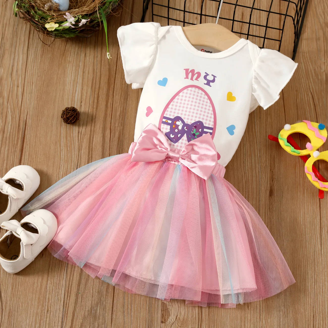 Baby Girls Easter Colorful Top and Mesh Skirt Set with Flutter Sleeve Multi-color big image 1