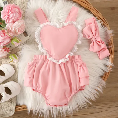 3pcs Baby Girl Sweet Lace Romper and Headband and Shoes Set 