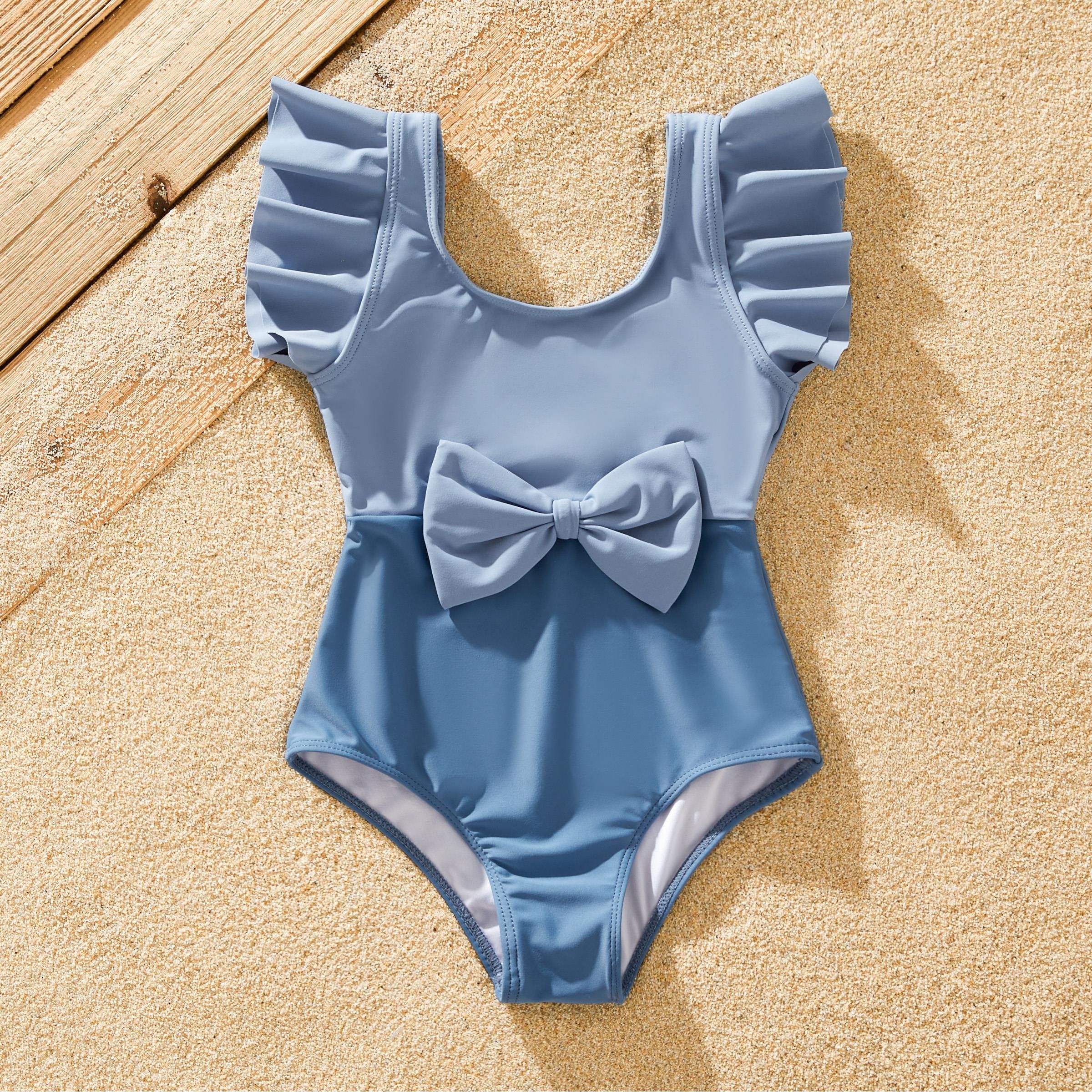 Family Matching Color Block Drawstring Swim Trunks or Big bow Strap Bikini