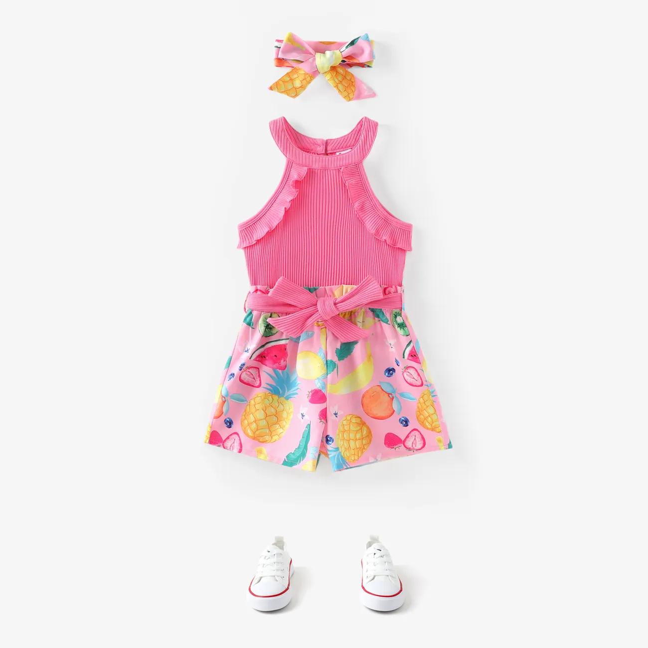 Kid Girl Fruit Print Halterneck Ruffled Jumpsuit with Headband pink- big image 1