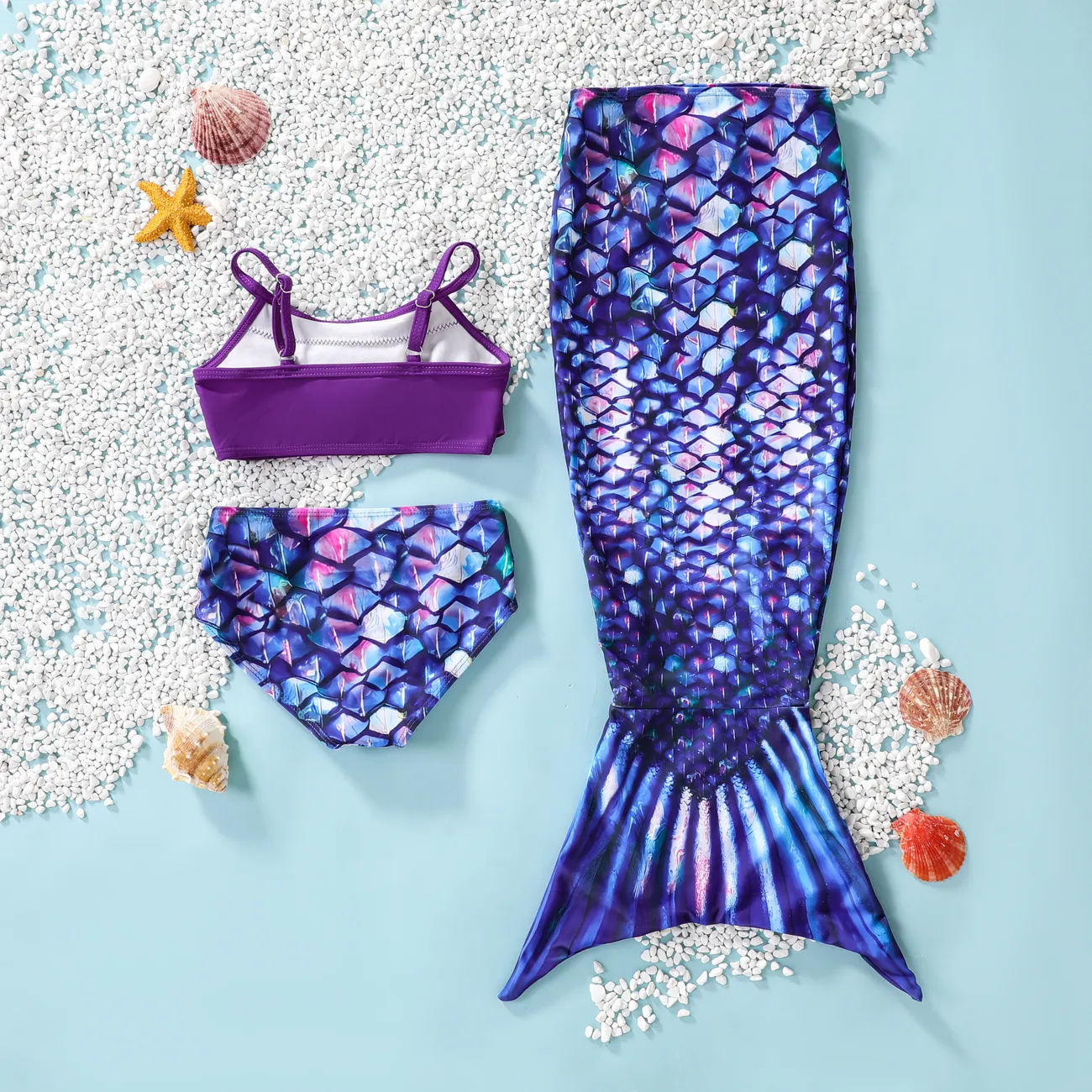 3pcs Baby Girl Sweet Mermaid Swimsuit Top/ Bottom/Mermaid Tailing Set  Purple big image 1
