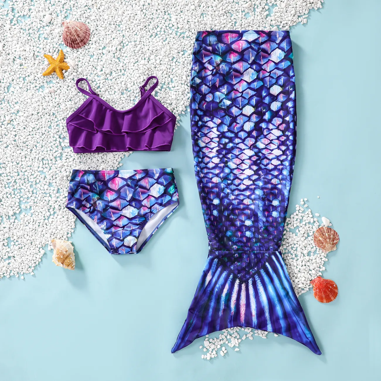 3pcs Baby Girl Sweet Mermaid Swimsuit Top/ Bottom/Mermaid Tailing Set  Purple big image 1