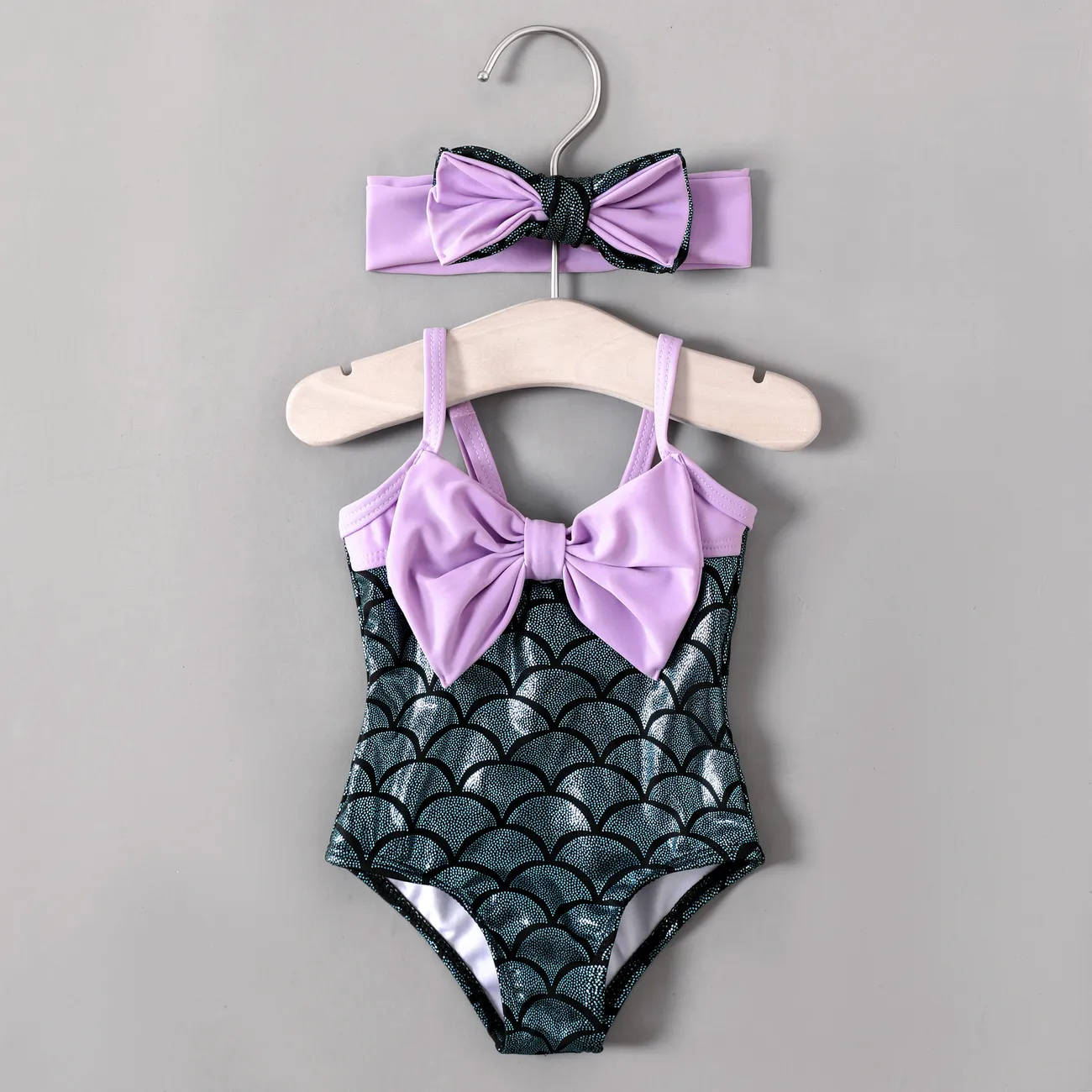 2pcs Baby  Girls Marine Hanging Strap  Sweet Swimsuit and Headband Set  Purple big image 1