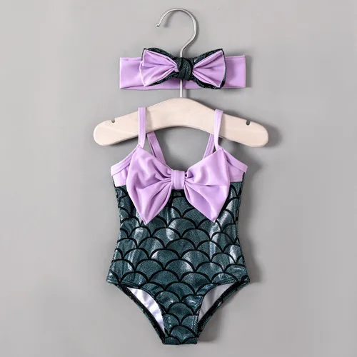 2pcs Baby  Girls Marine Hanging Strap  Sweet Swimsuit and Headband Set 