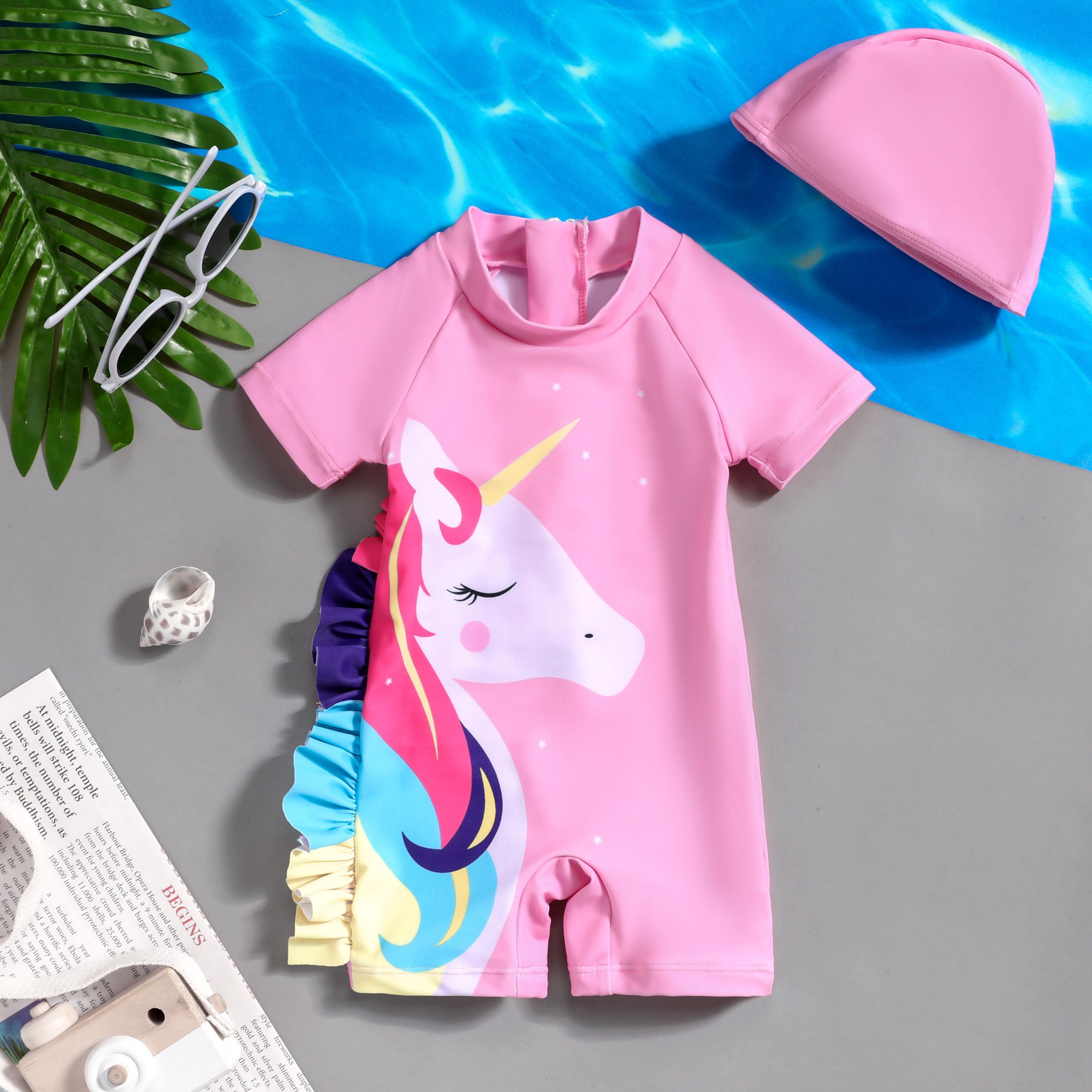 2pcs Childlike Pink Unicorn One piece Swimsuit with Ruffle Edge and Hat Set