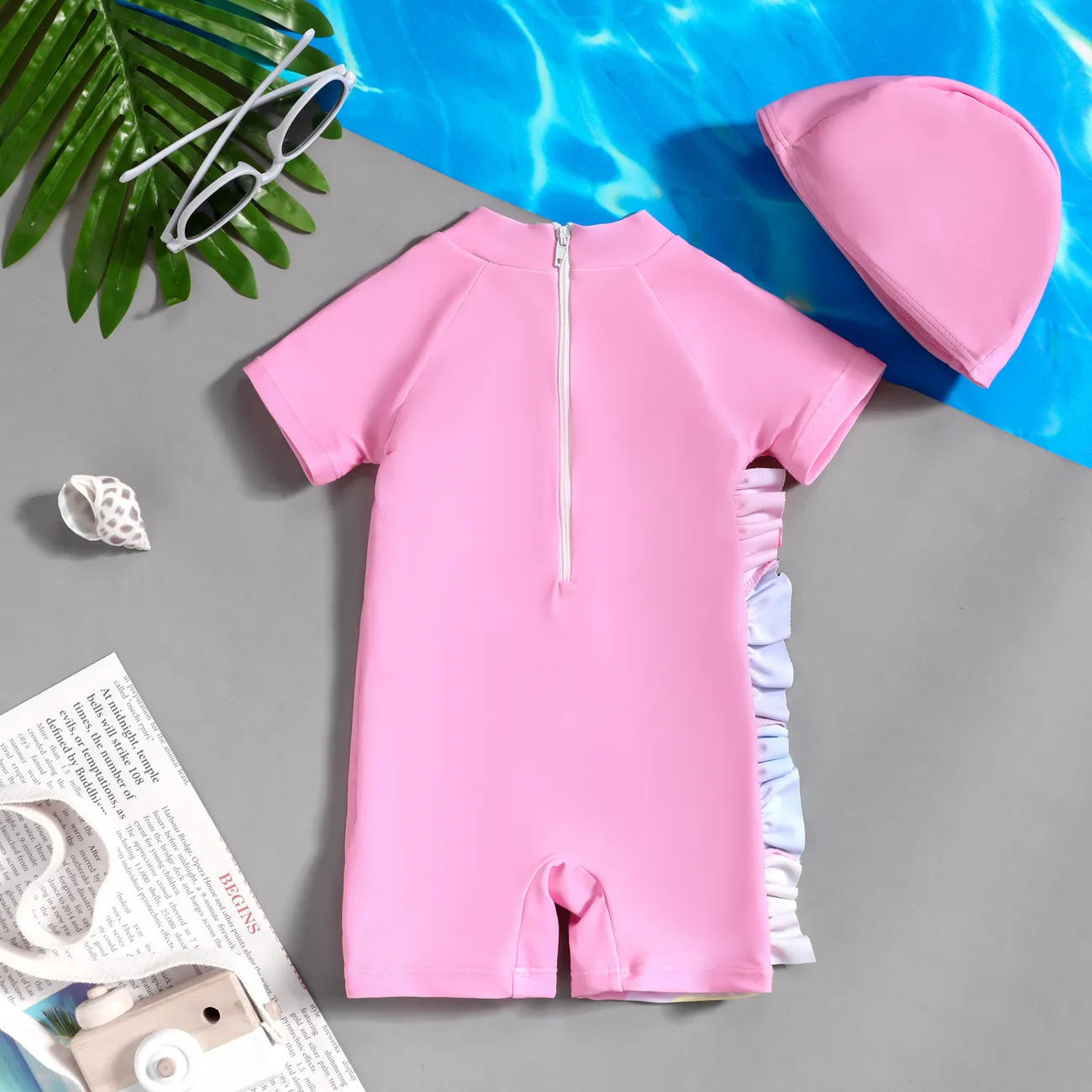 2 Stück Baby Mädchen Rüschenrand Einhorn Kindlich Kurzärmelig Badeanzüge rosa big image 1