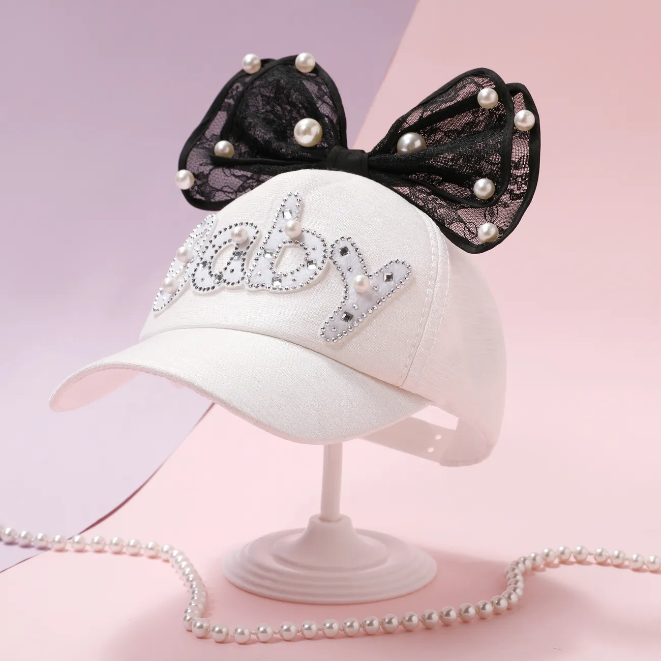 Toddler/kids Pearl Butterfly Knot Baseball Cap White big image 1