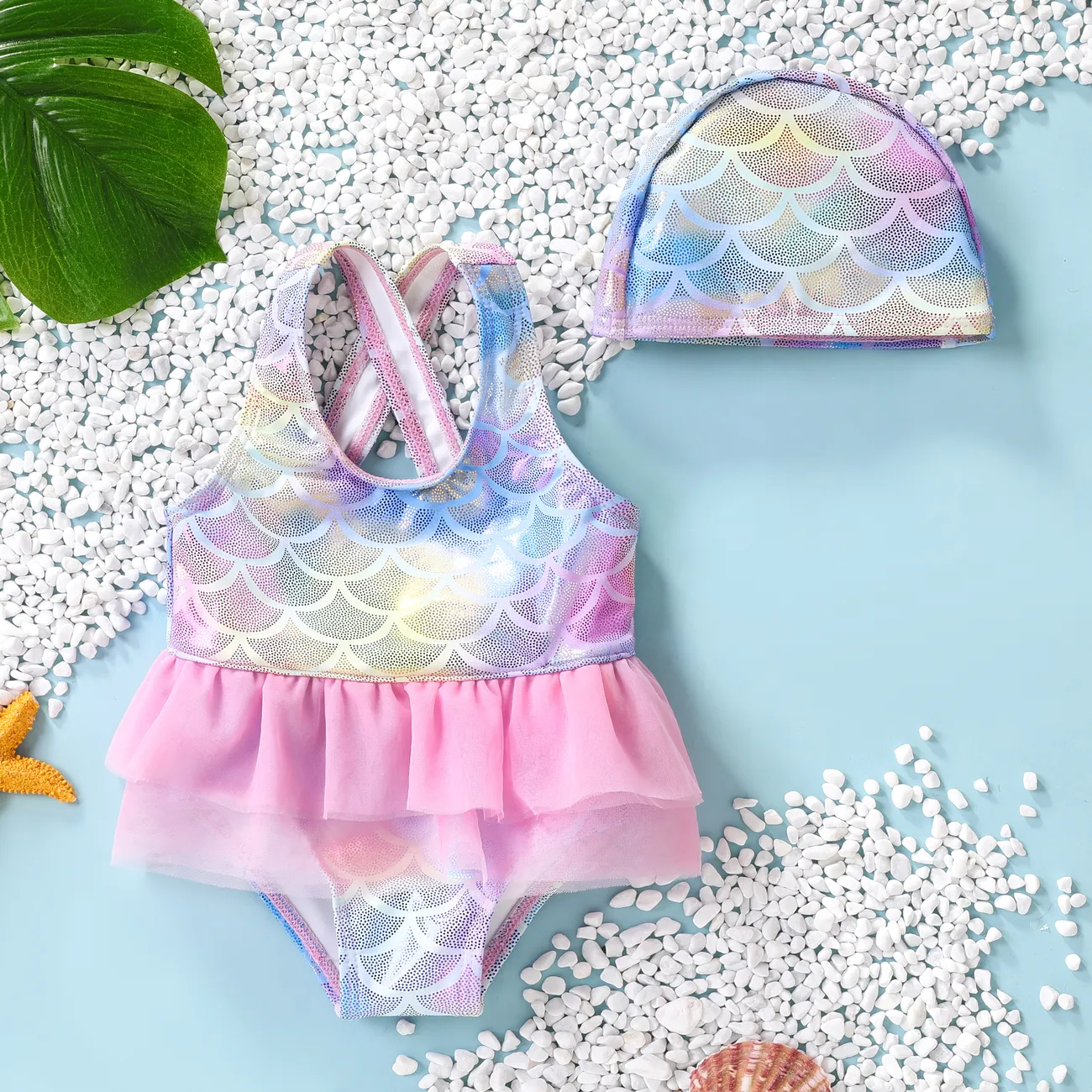 2pcs Baby Girl Sweet Animal Pattern Fabric Stitching Mermaidn Swimsuit and Hat Set  Pink big image 1