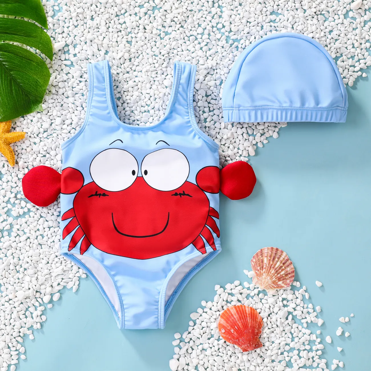 Baby Girl/Boy Childlike 3D Animal Pattern Swimsuit and Hat Set  Blue big image 1