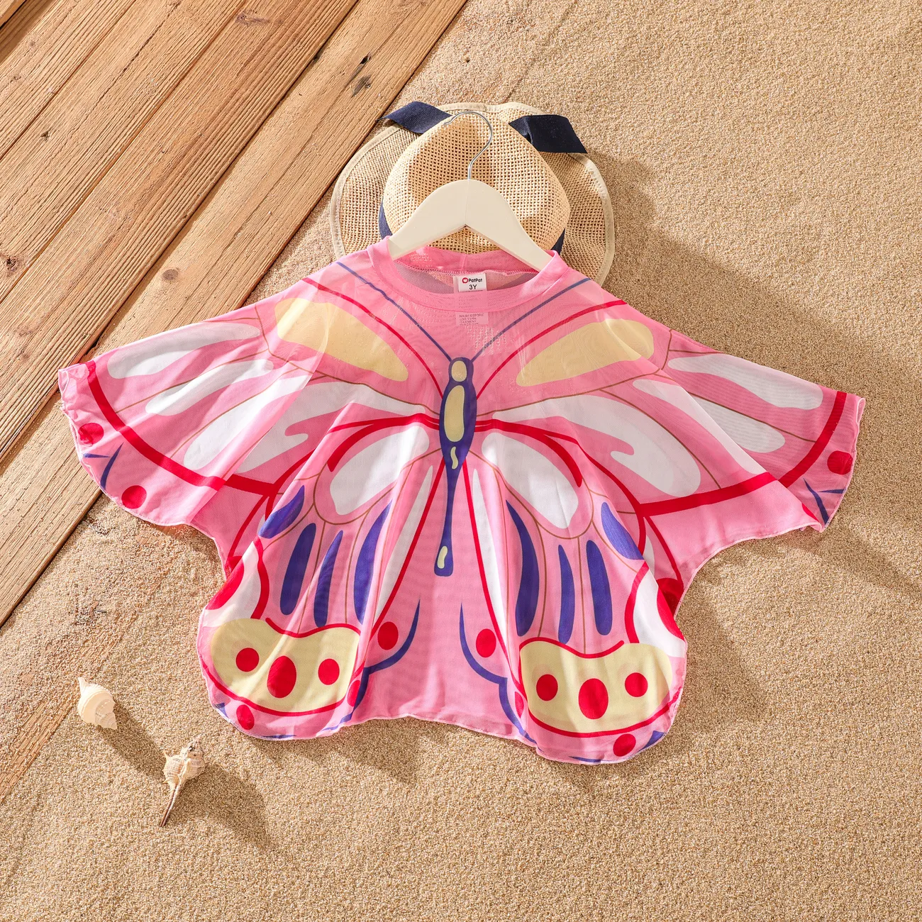 Toddler Girl Butterfly Hollow-out Swimsuit Oversized Shirt Pink big image 1