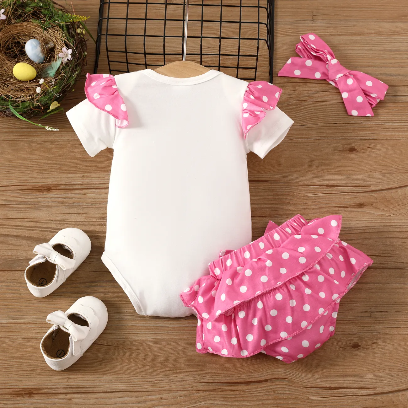 2pcs Baby  Girls Easter Rabbit Polka Dot  Set for with Flutter Sleeve Pink big image 1