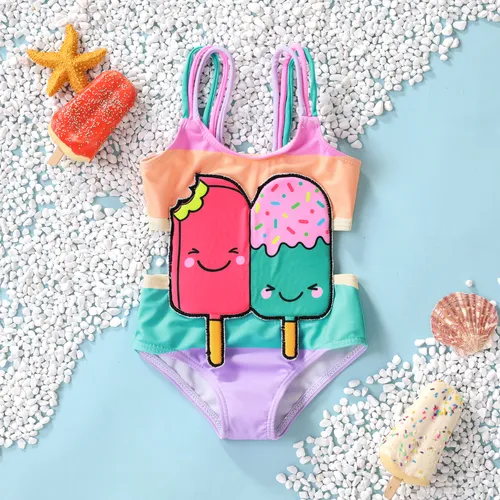 彩虹條紋兒童 3D 設計泳衣
