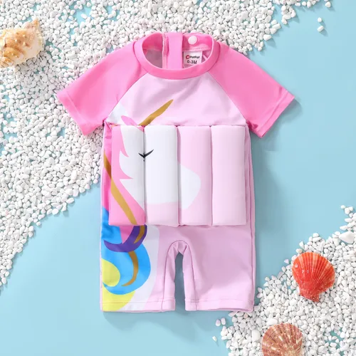 Childlike Pink Einhorn Badeanzug Set - Polyester/Spandex, Kurzarm, Tiermuster