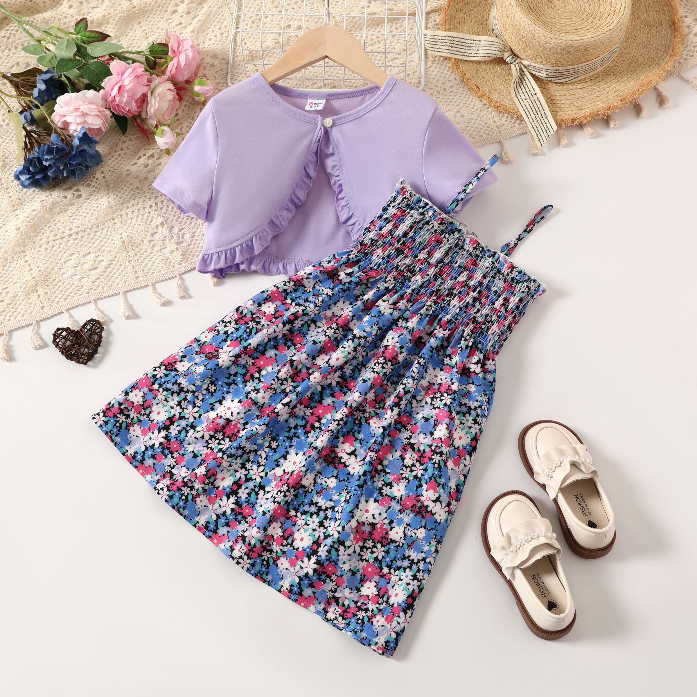 2pcs  Kid Girls  Broken Flower Smocked Sweet Plants Floral Clothes Skirt Set