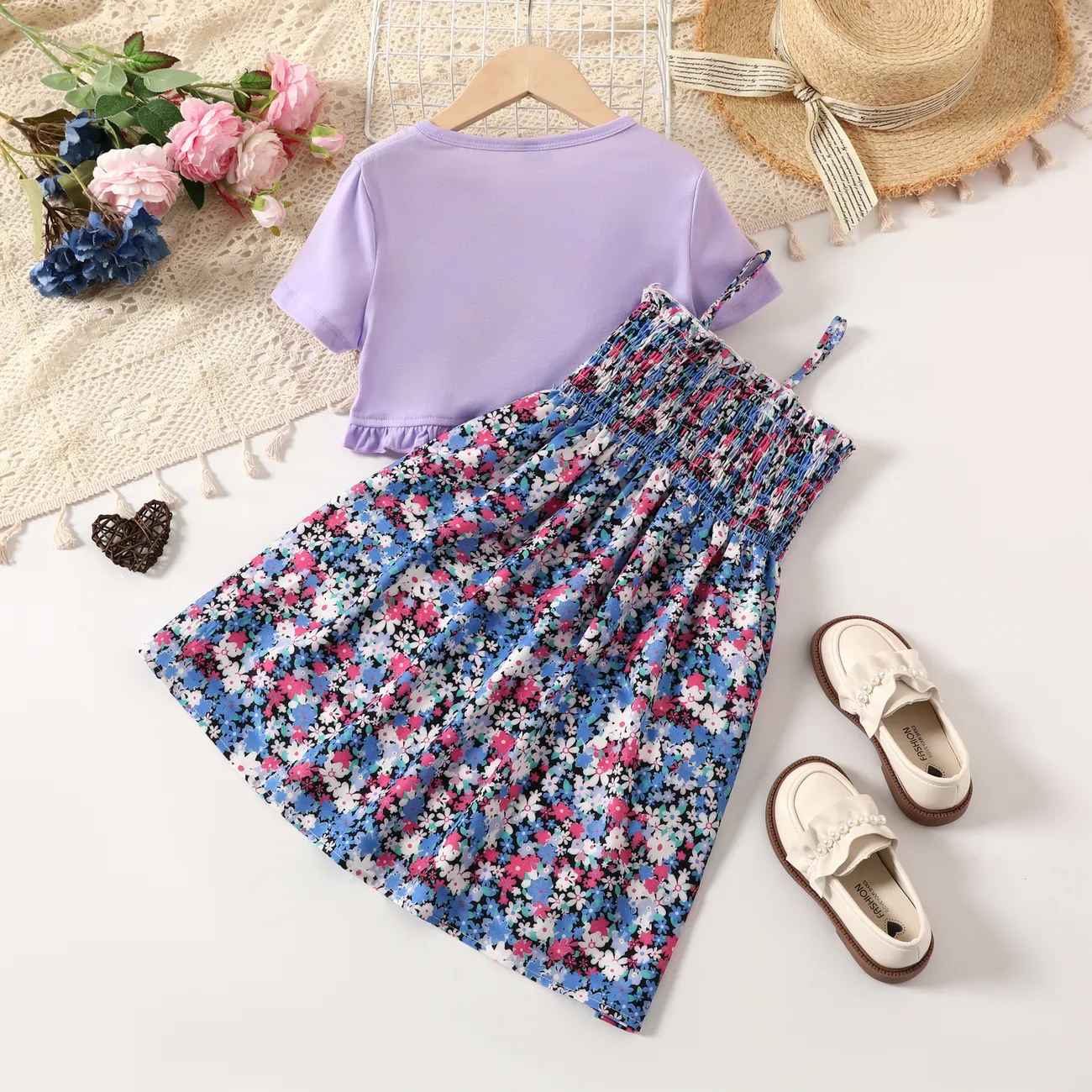  2pcs  Kid Girls  Broken Flower Smocked Sweet Plants Floral Clothes Skirt Set  Purple big image 1