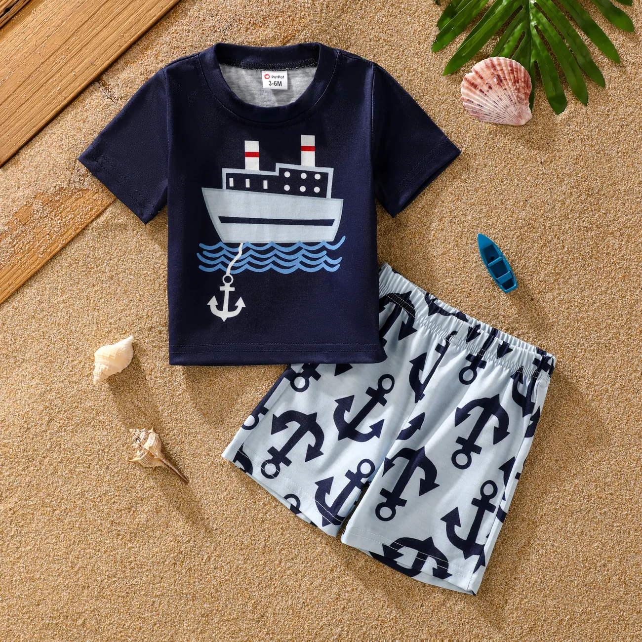  2pcs Boys Baby Childlike Marine Element Tee and Shorts Set  Dark Blue big image 1
