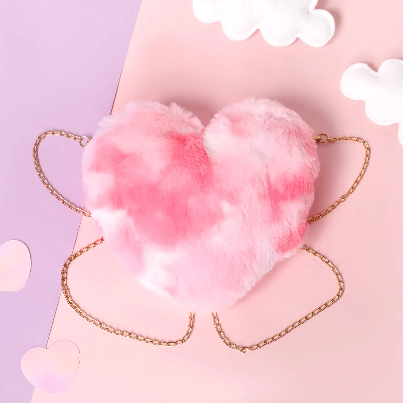 Toddler/kids moda colorida em forma de coração Plush Crossbody Bag com alça de corrente Rosa big image 1