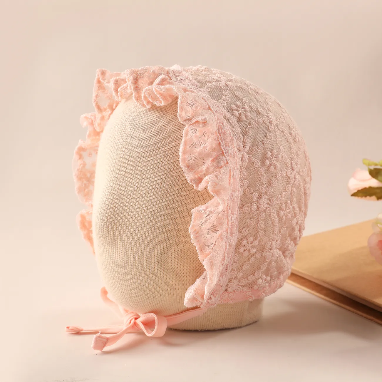 Chapeau de princesse en dentelle douce pour bébé fille avec bord floral Rose big image 1